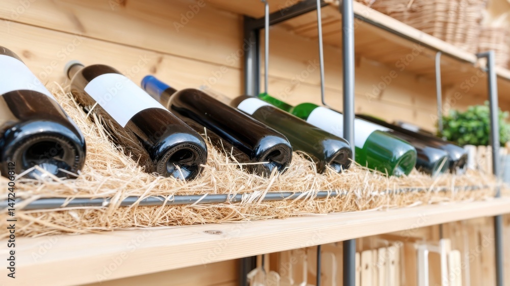 Aufkleber Wine bottles with blank labels rest on straw in a rustic wooden wine rack, showcasing a charming and simple wine storage solution. : Generative AI