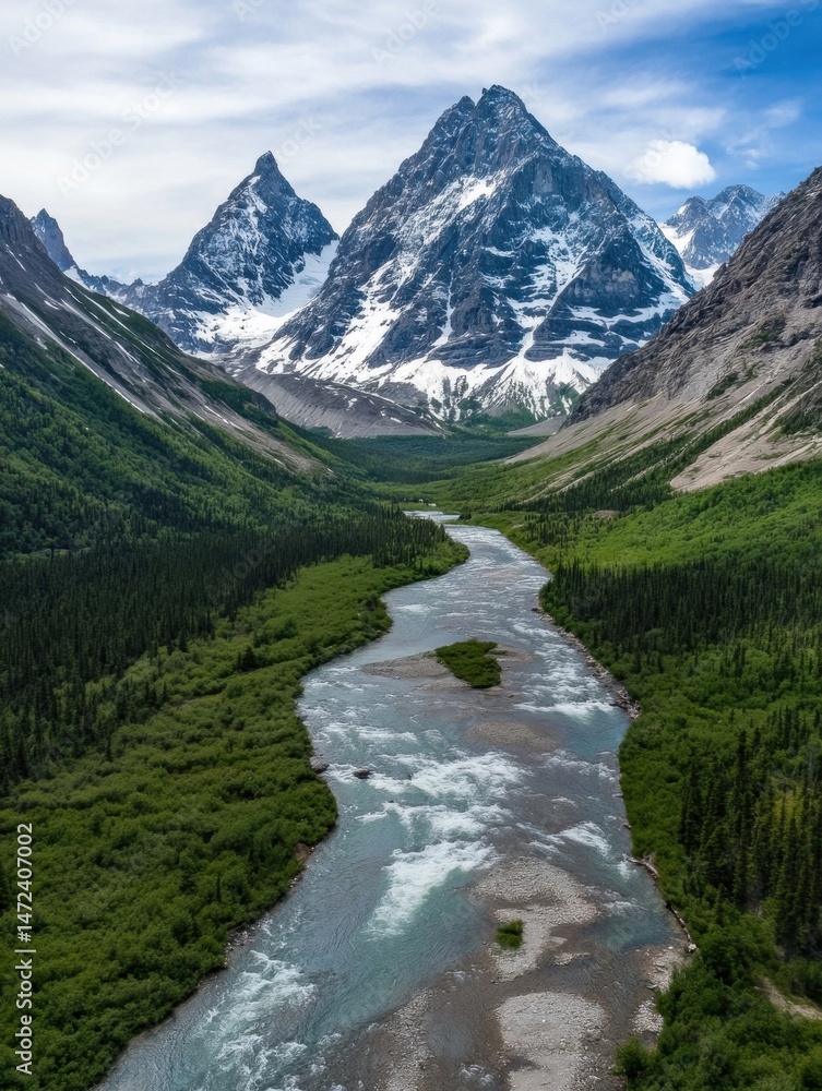 Poster aerial view of a pristine river winding through a lush green valley, nestled between majestic snow-c