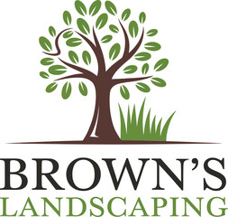Fototapeta premium A logo for Brown's Landscaping featuring a stylized tree and grass. 