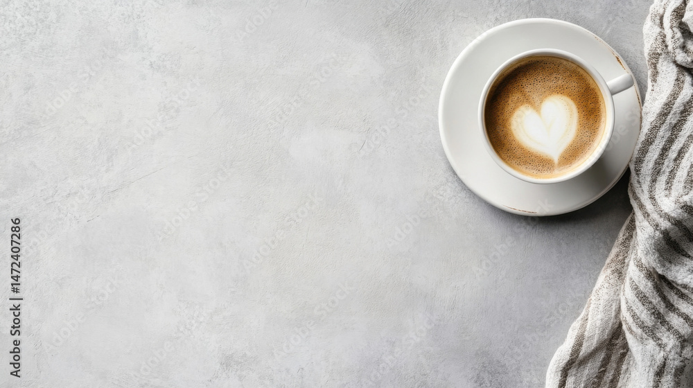 Poster aromatic cappuccino with heart latte art in a white cup, rests on a saucer atop a grey textured surf