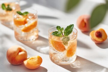 Refreshing summer drinks showcase vibrant peach slices and mint