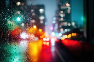 Rainy city street with blurred lights creating bokeh effect nighttime