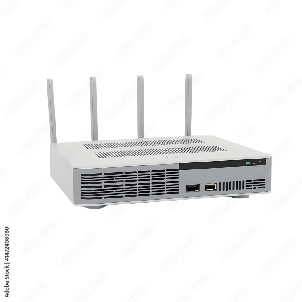 Poster modern router design, a sleek network device with visible ports for reliable internet connectivity. 