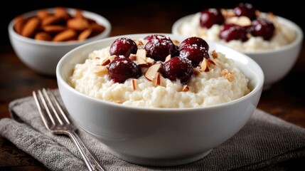 Creamy rice pudding with almonds and cherries in white bowl on wooden table.