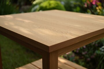 Fototapeta premium Empty Wooden Table Top with Natural Grain Texture and Blurred Summer Garden Background