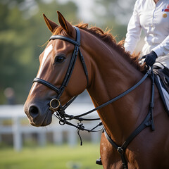 Side view close up of chestnut horse in harness with female rider jockey in hat helmet and white uniform with bridle stack and boots