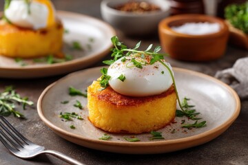 Gourmet poached egg on savory potato cake with fresh herbs.