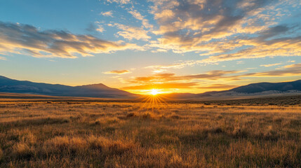 Obraz premium Golden Sunrise Over Mountain Valley and Grassland