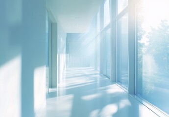 Obraz premium Sunlit modern office corridor with large windows offering a view of green trees outside, showcasing a bright and airy interior design. : Generative AI