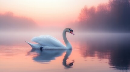 Fototapeta premium Majestic swan glides serenely on a tranquil lake at sunrise