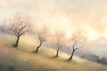 Gentle hills, blossoming trees, soft light