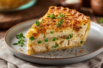 Homemade chicken pot pie slice with crispy crust and peas.