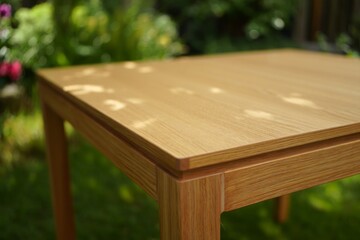 Empty Wooden Table Top with Natural Grain Texture and Blurred Summer Garden Background