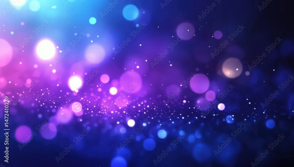 Poster abstract background with vibrant purple and blue bokeh lights, glittering particles, and a dreamy, m