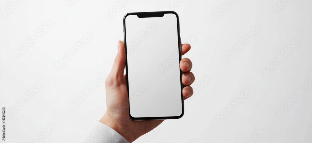 Poster A person's hand holds a smartphone with a blank white screen against a bright white background.  The image is perfect for app presentations or mobile technology advertising. : Generative AI