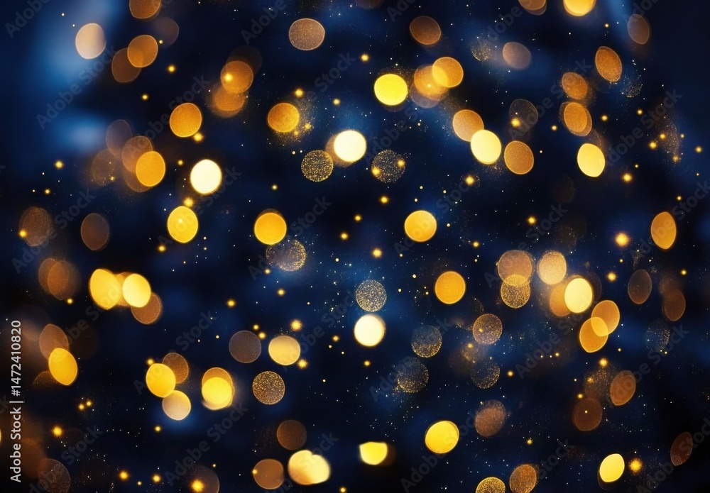 Poster abstract bokeh background with golden lights and blue hues, perfect for celebratory designs or luxur