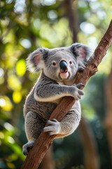 Fototapeta premium Adorable koala joey clinging to a tree branch, showcasing its soft fur and curious gaze in a sun-dappled eucalyptus forest. : Generative AI