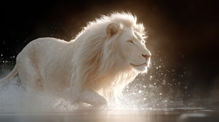 Majestic white lion emerging from water, illuminated by soft gol
