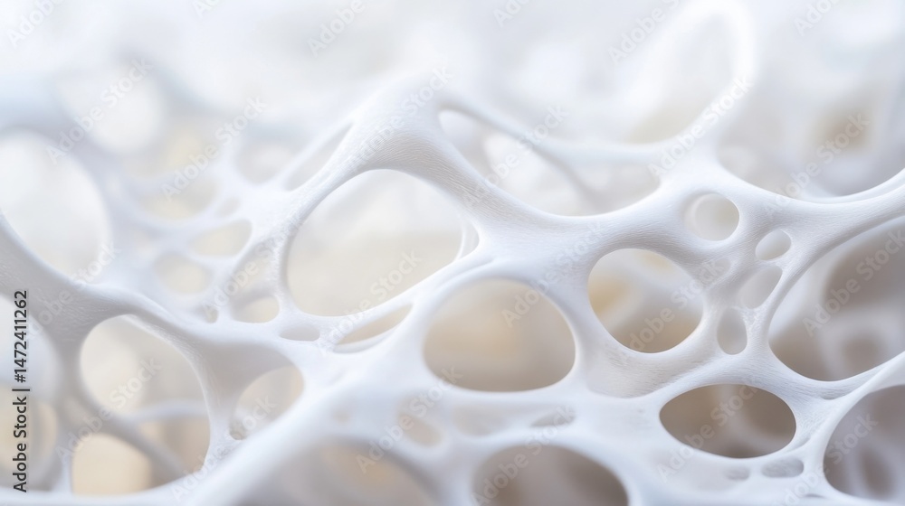 Poster abstract white organic structure with porous, interconnected cavities, resembling a network or spong