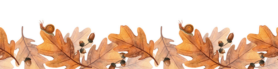 Autumn forest harvest - oak leaves, acorns, snails seamless border. Fall watercolor bordure - bright foliage, mollusk Floral banner perfect for home fabric, textile, kitchenware, bedclothes, wrapping