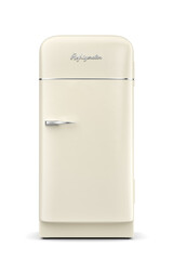 Beige retro kitchen fridge isolated. Front view. 3D rendering illustration. Transparent PNG image.