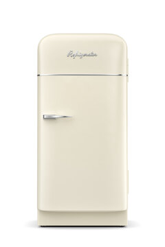 Beige retro kitchen fridge isolated. Front view. 3D rendering illustration. Transparent PNG image.