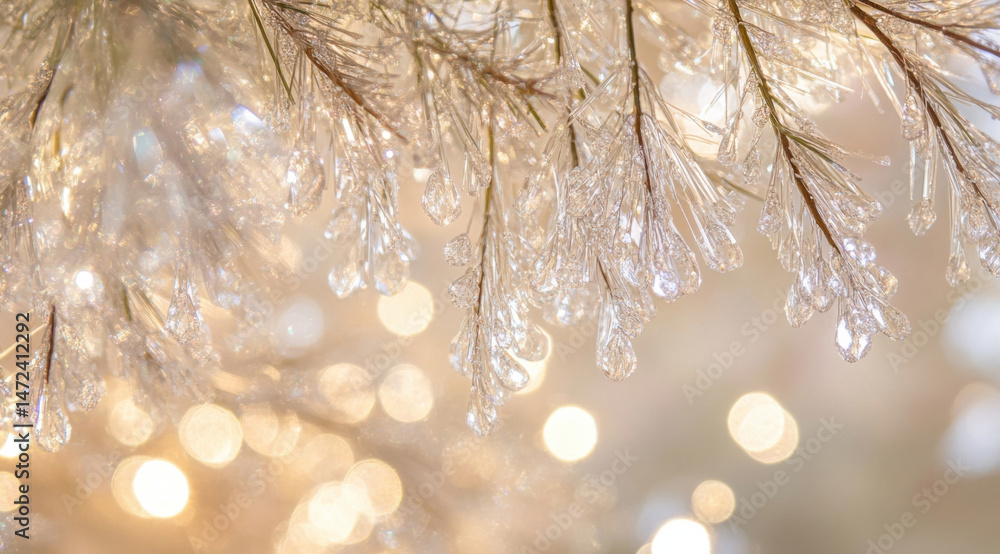 Poster Closeup of ice crystals adorning pine branches, illuminated by soft, warm bokeh lights, creating a magical winter scene. : Generative AI
