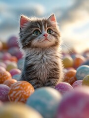 Fluffy kitten with big green eyes sitting among colorful spherical objects, looking up at a sunny sky.