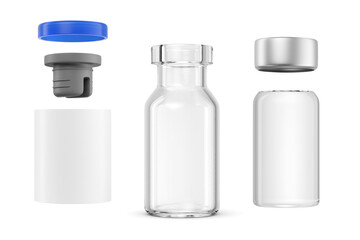 Parts of 2ml 2R injection vial: cap, liquid, stopper, crimp, label isolated. 3D rendering...