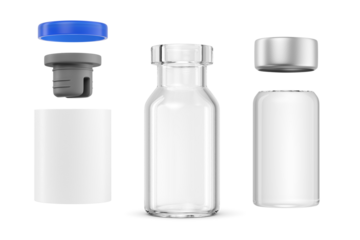 Parts of 2ml 2R injection vial: cap, liquid, stopper, crimp, label isolated. 3D rendering illustration. Transparent PNG image.