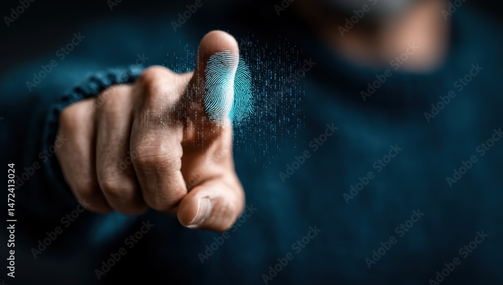 Aufkleber A close up of a fingertip with a digital fingerprint scan, showing binary code data streaming from the print, symbolizing modern security and identity verification. : Generative AI