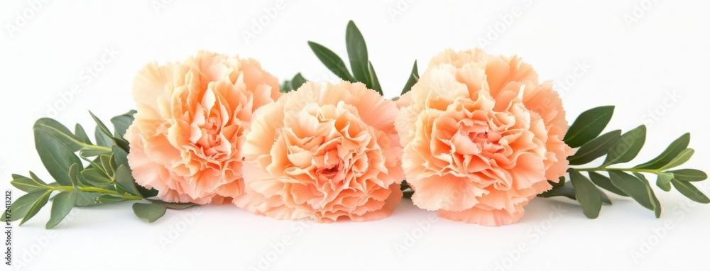 Aufkleber three peach-colored carnations arranged with green leaves on a white background, creating a delicate