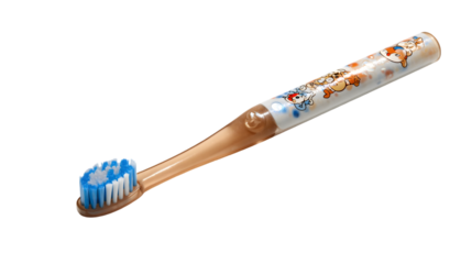 Adorable cartoon character kids toothbrush blue bristles oral hygiene childrens dental care product on transparent background fun