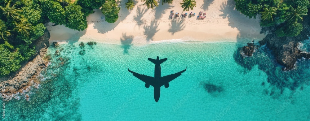 Aufkleber airplane shadow projected on turquoise ocean water near a tropical beach with palm trees and lounge 
