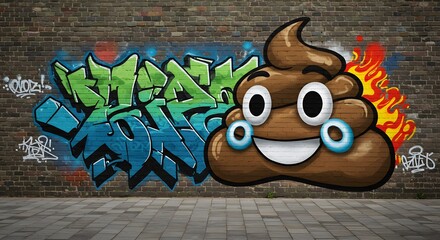 Colorful graffiti Pile of Poo or  Poop Emoji art on a brick wall with dung emoji