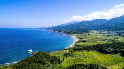 Fototapeta premium Aerial view of a stunning coastal landscape in Japan, showcasing a vibrant coastline with a tranquil blue ocean, lush green rice paddies, and a picturesque village nestled against a ba : Generative AI