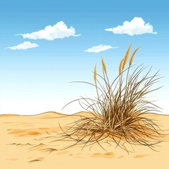 Obraz premium Dry Grass on Sandy Dune Under Blue Sky with Clouds