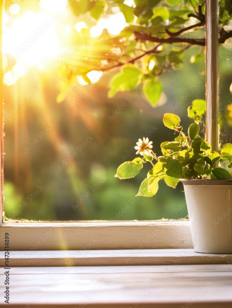 Poster sunlight streams through a window, illuminating a small potted plant with delicate white flowers on 