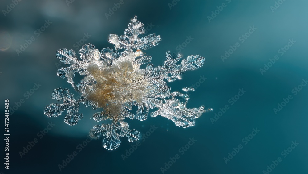 Aufkleber Intricate details of a single snowflake against a teal background, showcasing its crystalline structure and delicate beauty.  A mesmerizing winter scene captured with stunning clarity. : Generative AI