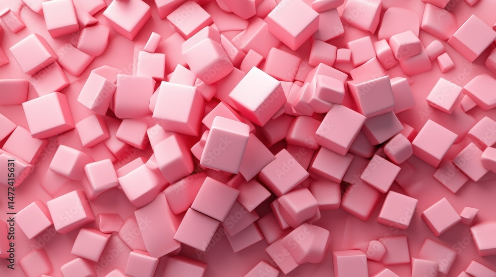 Poster an array of soft pink cubes are scattered randomly creating an abstract pattern on a uniformly color