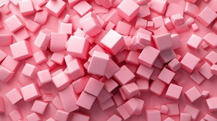 An array of soft pink cubes are scattered randomly creating an abstract pattern on a uniformly colored surface.