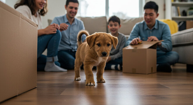 Family moving in with puppy unpacking boxes in new home real estate relocation pet friendly lifestyle
