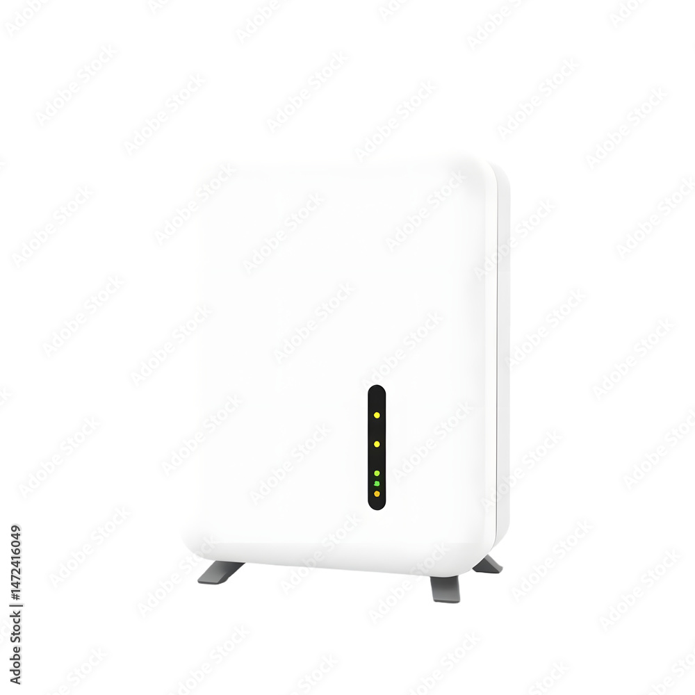 Poster modern wireless connectivity hub. a compact modem with illuminated led indicators, emitting strong w