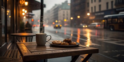 Rainy Cityscape Warm Coffee and Cookies on a Cozy Outdoor Table