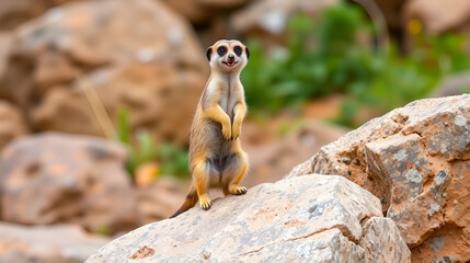 Fototapeta premium Playful meerkat standing alertly on a rock in its natural habitat, displaying its unique characteristics