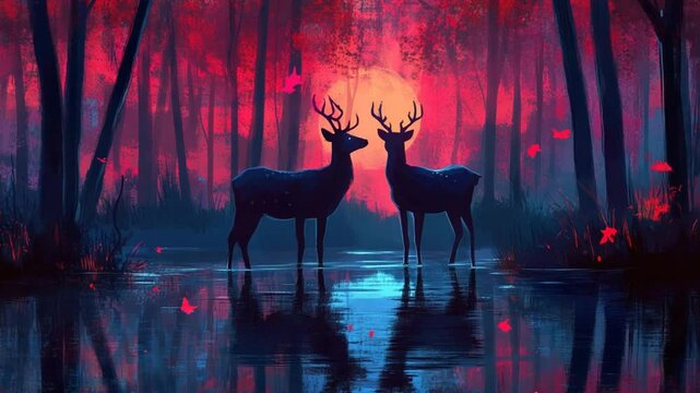 Whimsical Forest Encounter: Two Deer Reflecting Under the Enchanting Glow of Sunset