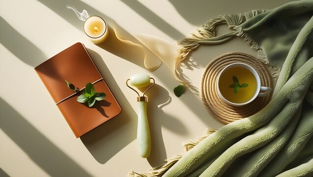 Cozy Wellness Flat Lay with Herbal Tea, Jade Roller, and Candlelight

