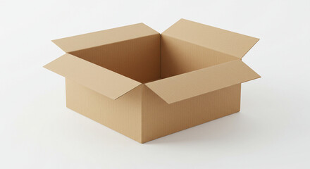 3D cardboard box with open lid and realistic texture, isolated on white background
