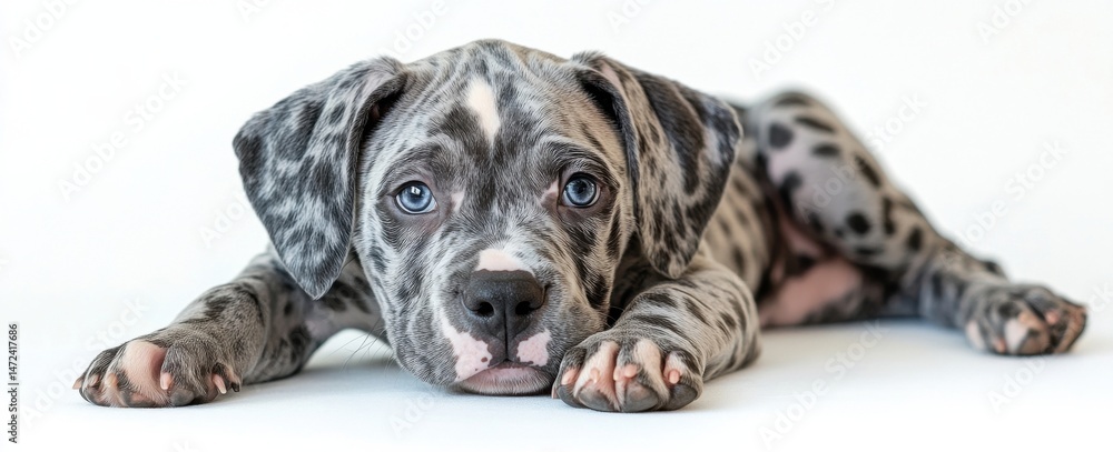 Poster adorable merle puppy with striking blue eyes lies down on a white background, showcasing its unique 