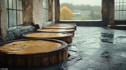 Traditional fermentation process in rustic setting with wooden vats and calm atmosphere